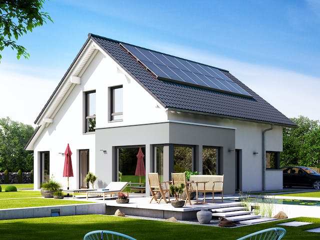 Energieeffizientes, modernes Einfamilienhaus mit verglastem Panorama-Erker von Living Fertighaus