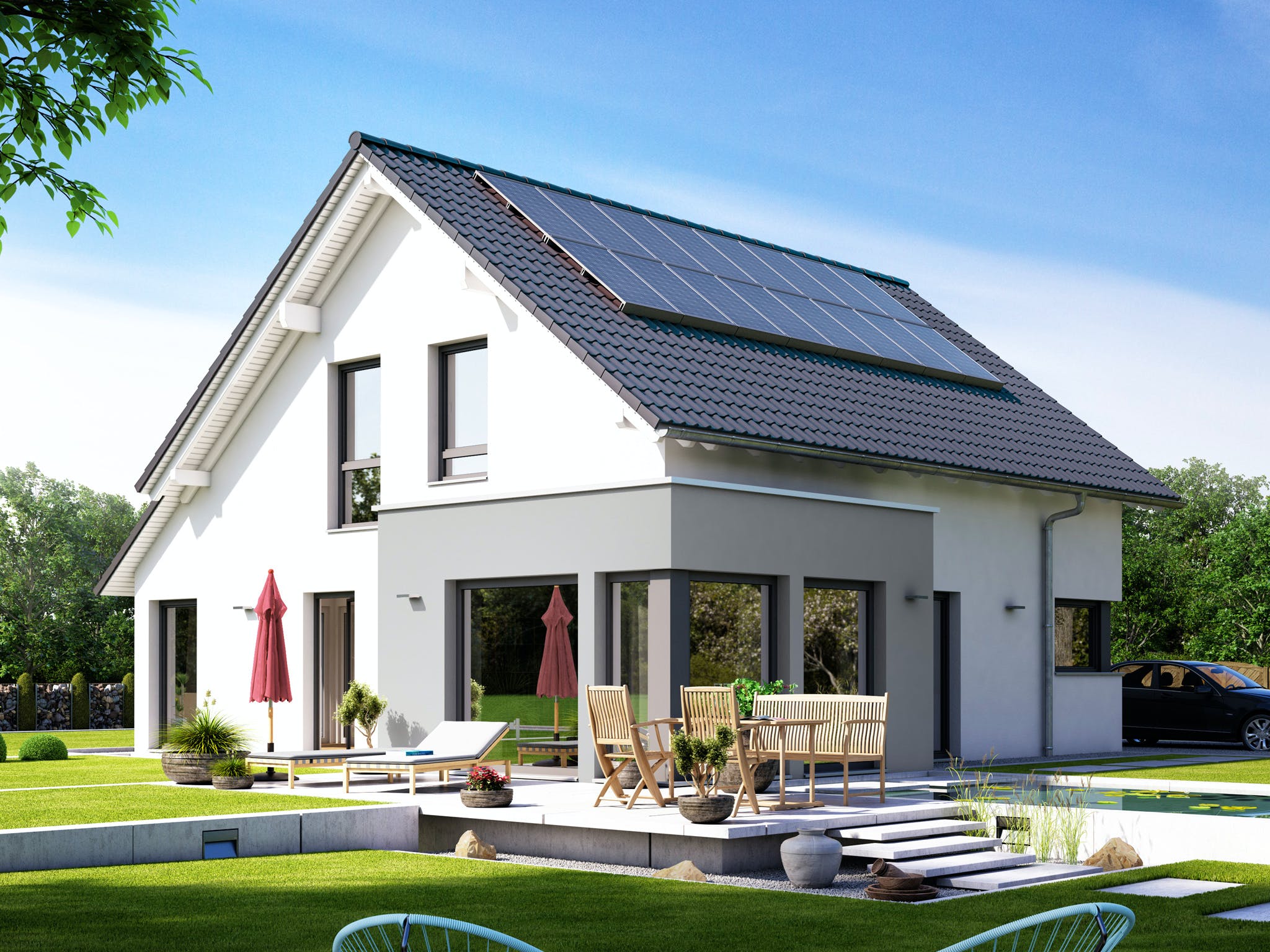 Fertighaus SUNSHINE 143 V3 von Living Fertighaus Ausbauhaus ab 308422€, Satteldach-Klassiker Außenansicht 1