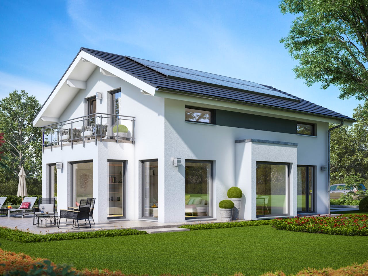 Fertighaus SUNSHINE 143 V4 von Living Fertighaus Schlüsselfertig ab 325537€, Satteldach-Klassiker Außenansicht 1