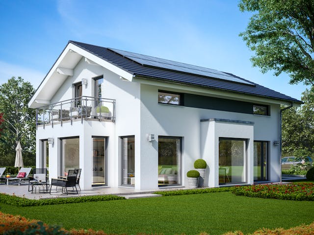 Fertighaus SUNSHINE 143 V4 von Living Fertighaus Ausbauhaus ab 325537€, Satteldach-Klassiker Außenansicht 1