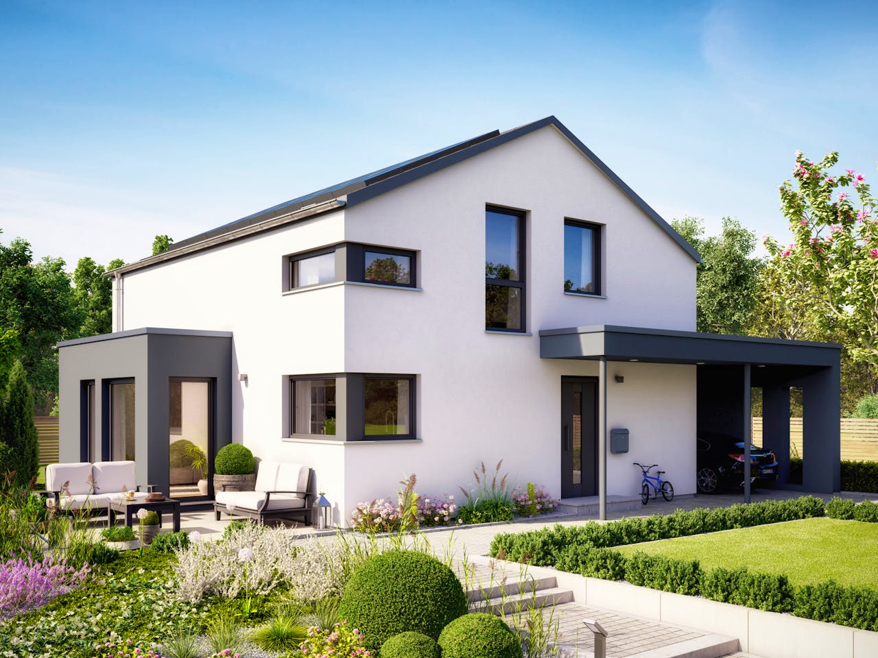 Fertighaus SUNSHINE 143 V5 von Living Fertighaus Schlüsselfertig ab 325537€, Satteldach-Klassiker Außenansicht 1