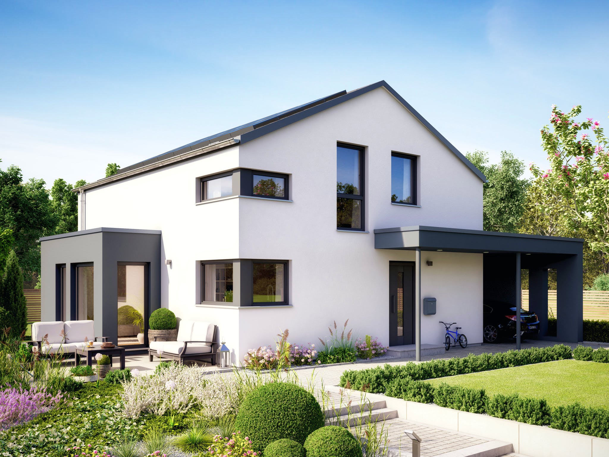 Fertighaus SUNSHINE 143 V5 von Living Fertighaus Ausbauhaus ab 308888€, Satteldach-Klassiker Außenansicht 1
