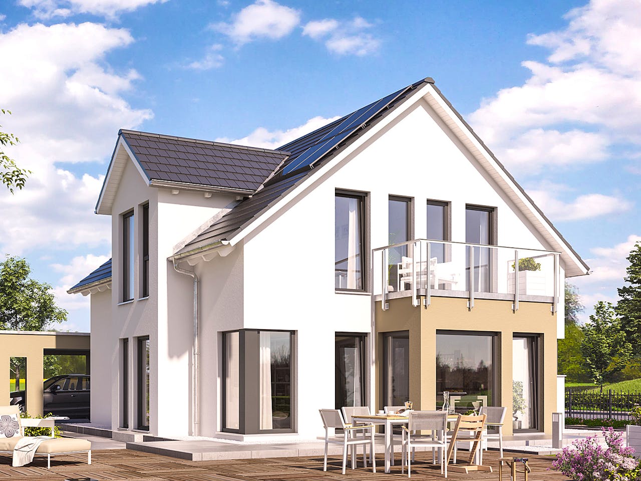 Fertighaus SUNSHINE 144 V3 von Living Fertighaus Schlüsselfertig ab 338181€, Satteldach-Klassiker Außenansicht 1