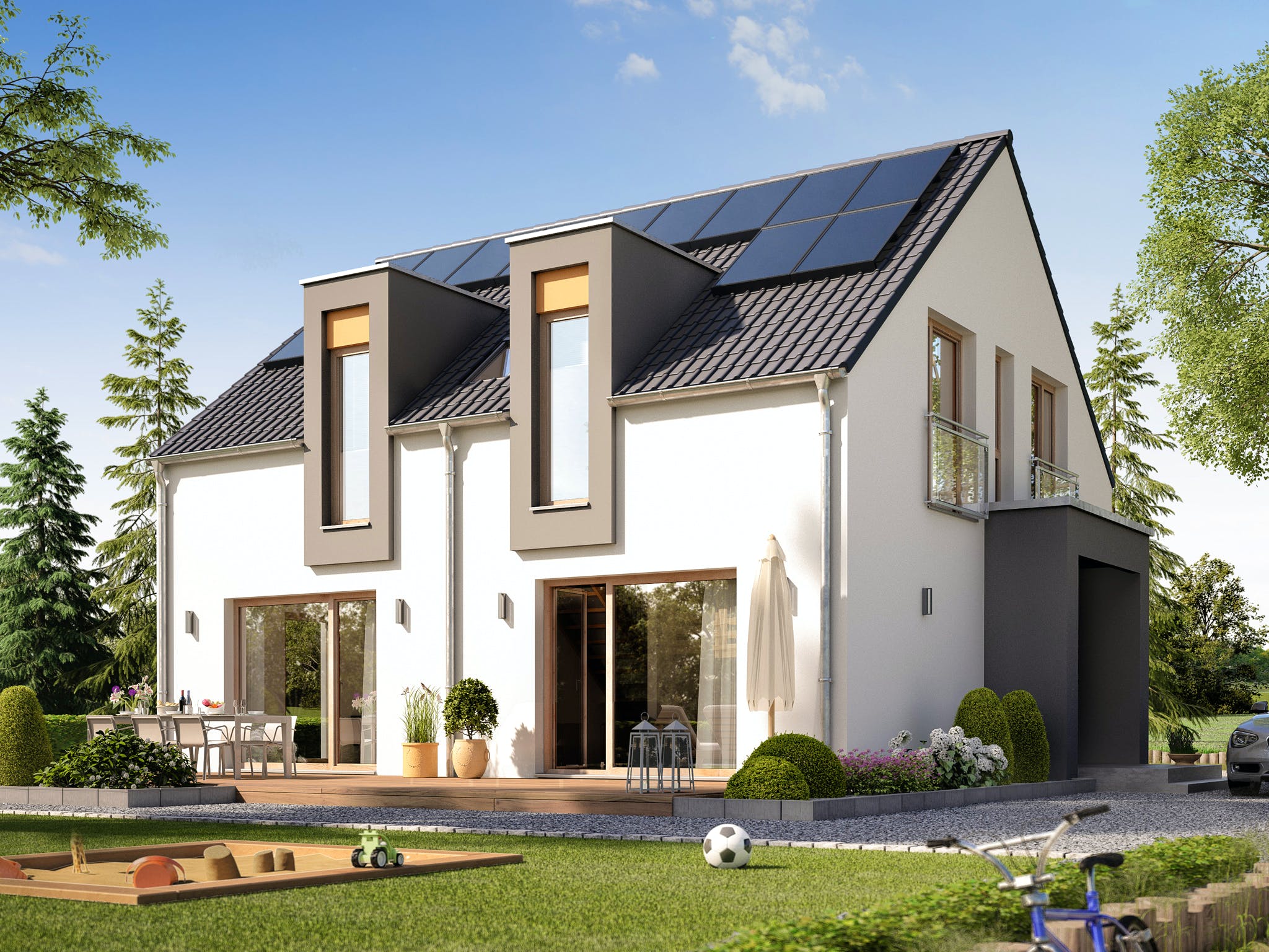 Fertighaus SUNSHINE 154 V3 von Living Fertighaus Ausbauhaus ab 342575€, Satteldach-Klassiker Außenansicht 1