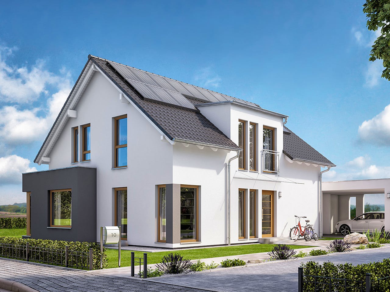 Fertighaus SUNSHINE 165 V2 von Living Fertighaus Schlüsselfertig ab 360009€, Satteldach-Klassiker Außenansicht 1