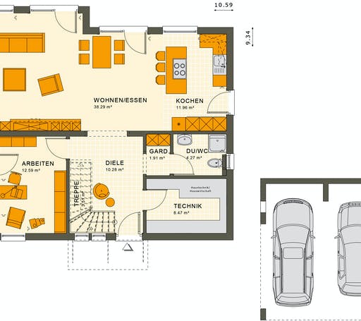 Fertighaus SUNSHINE 165 V2 von Living Fertighaus Ausbauhaus ab 344111€, Satteldach-Klassiker Grundriss 1