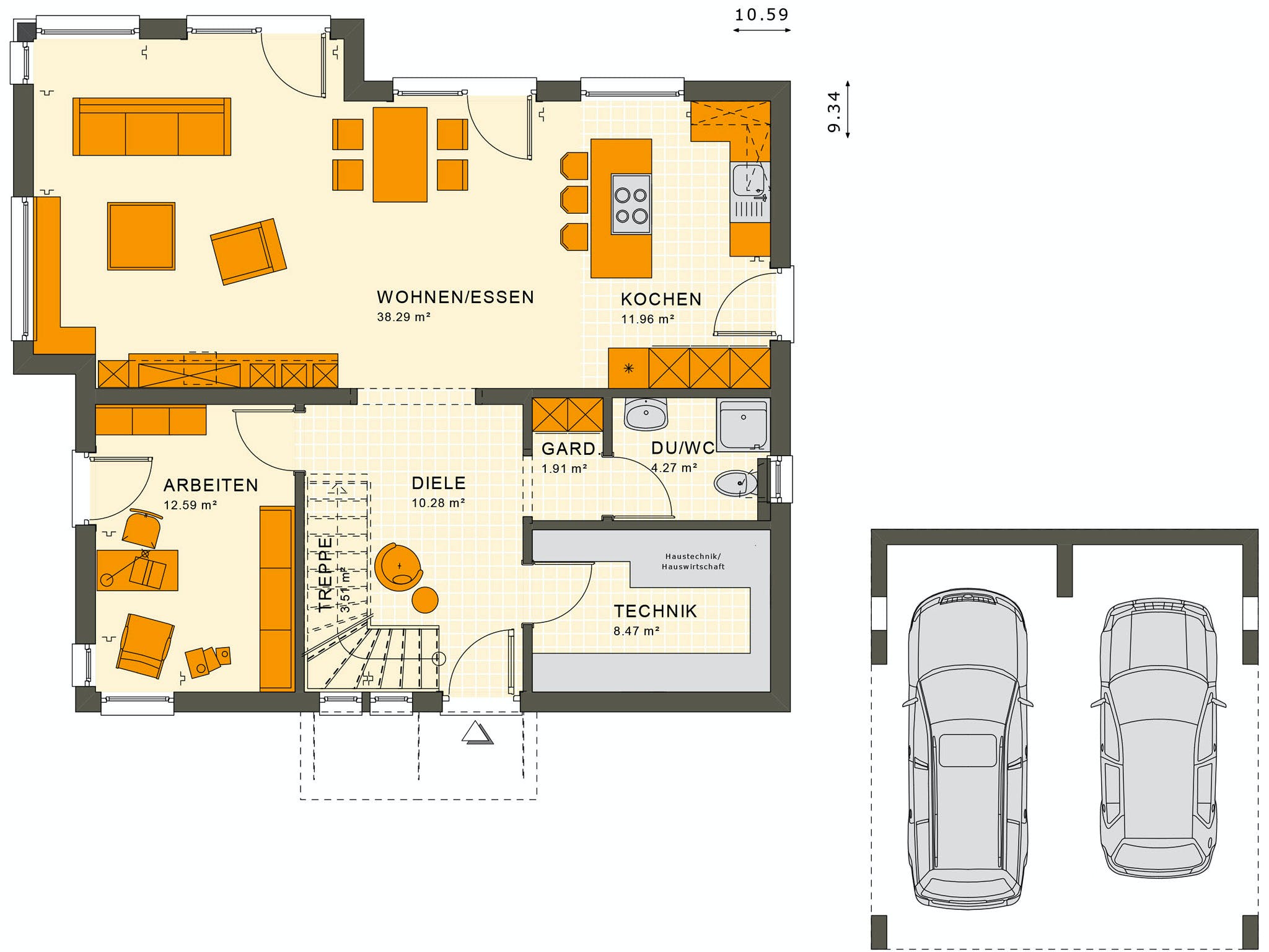 Fertighaus SUNSHINE 165 V2 von Living Fertighaus Ausbauhaus ab 344111€, Satteldach-Klassiker Grundriss 1