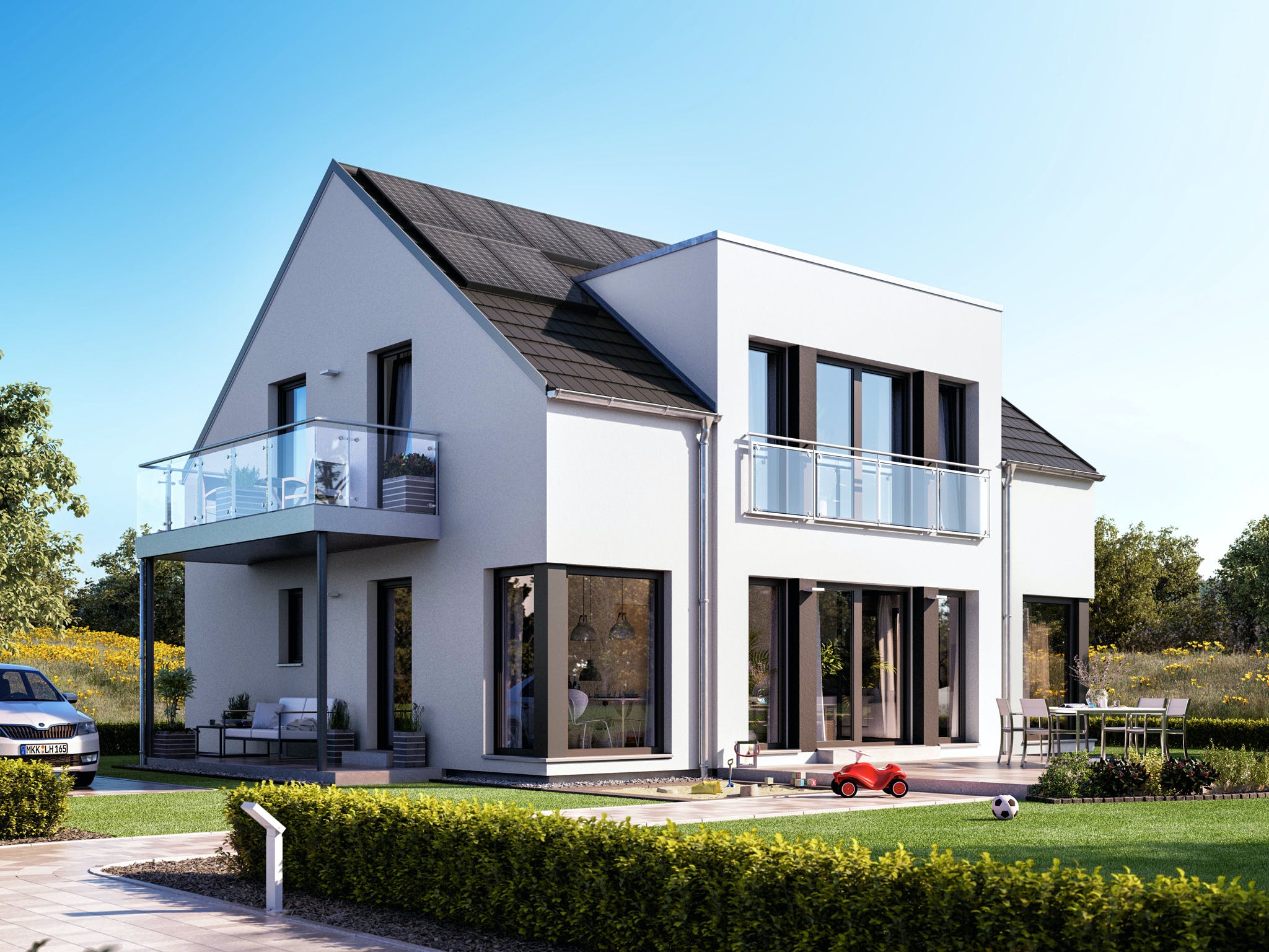 Fertighaus SUNSHINE 165 V3 von Living Fertighaus Ausbauhaus ab 343977€, Satteldach-Klassiker Außenansicht 1