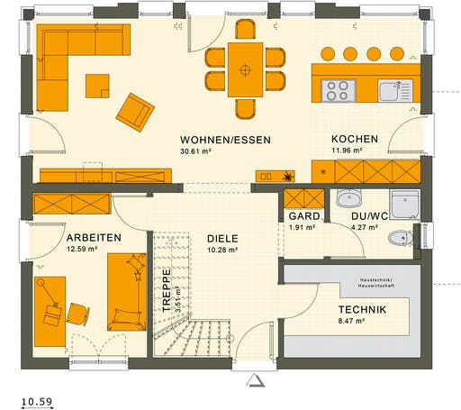 Fertighaus SUNSHINE 165 V3 von Living Fertighaus Ausbauhaus ab 343977€, Satteldach-Klassiker Grundriss 1