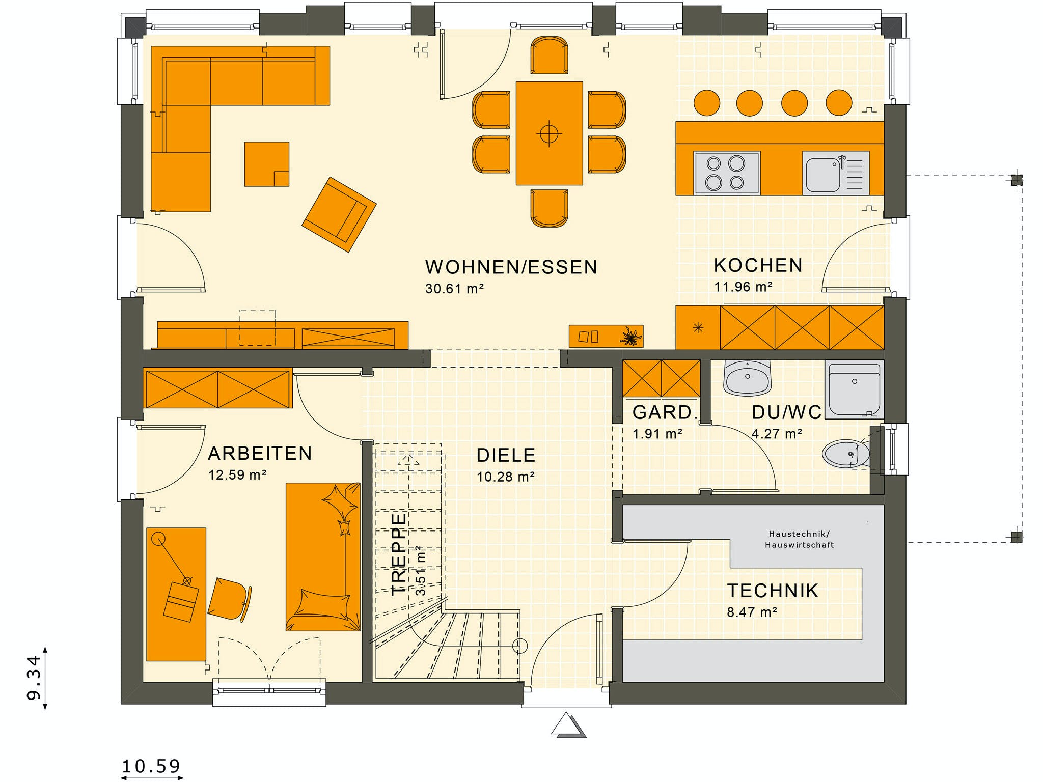 Fertighaus SUNSHINE 165 V3 von Living Fertighaus Ausbauhaus ab 343977€, Satteldach-Klassiker Grundriss 1