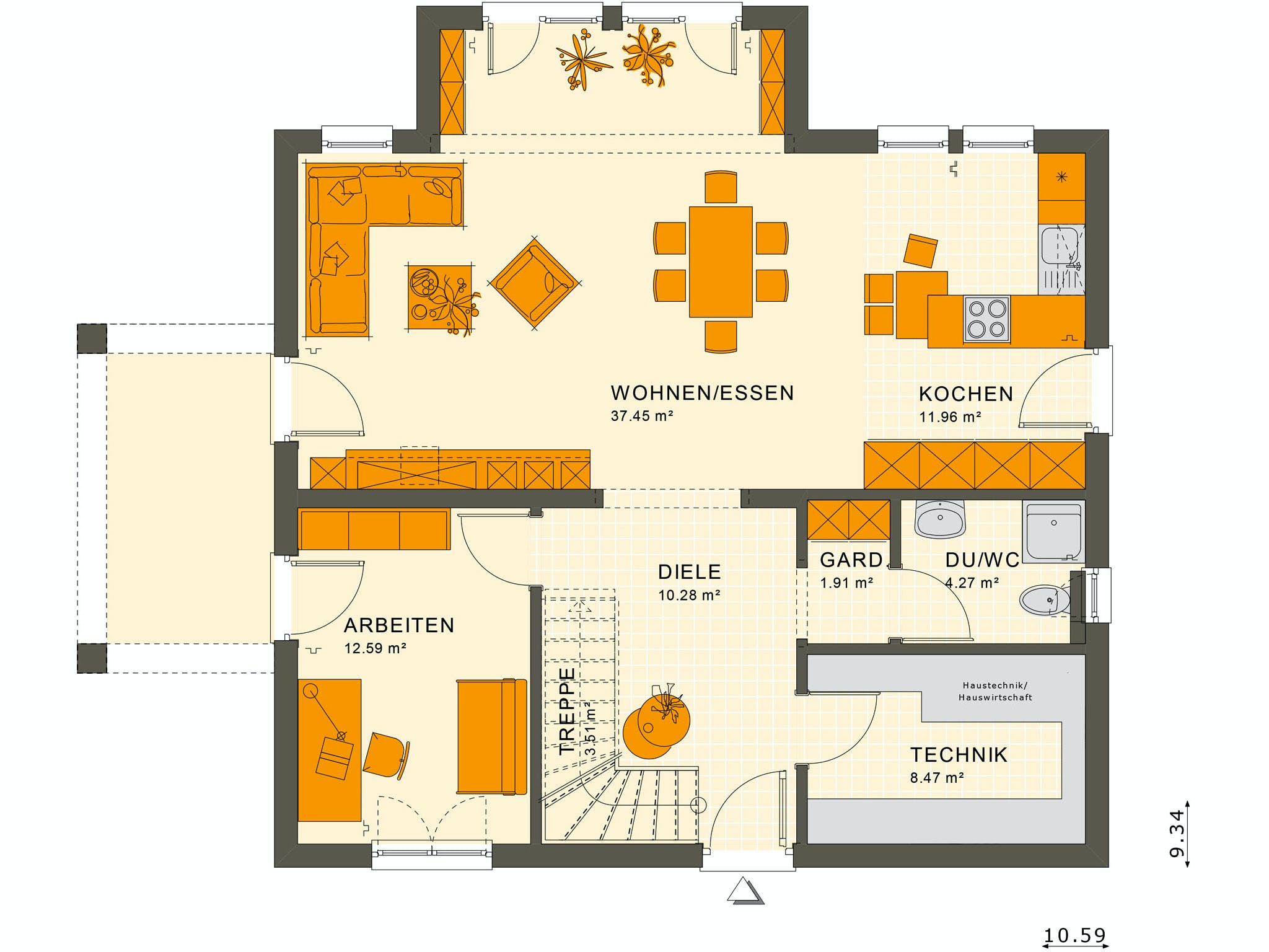 Fertighaus SUNSHINE 165 V5 von Living Fertighaus Ausbauhaus ab 343205€, Satteldach-Klassiker Grundriss 1