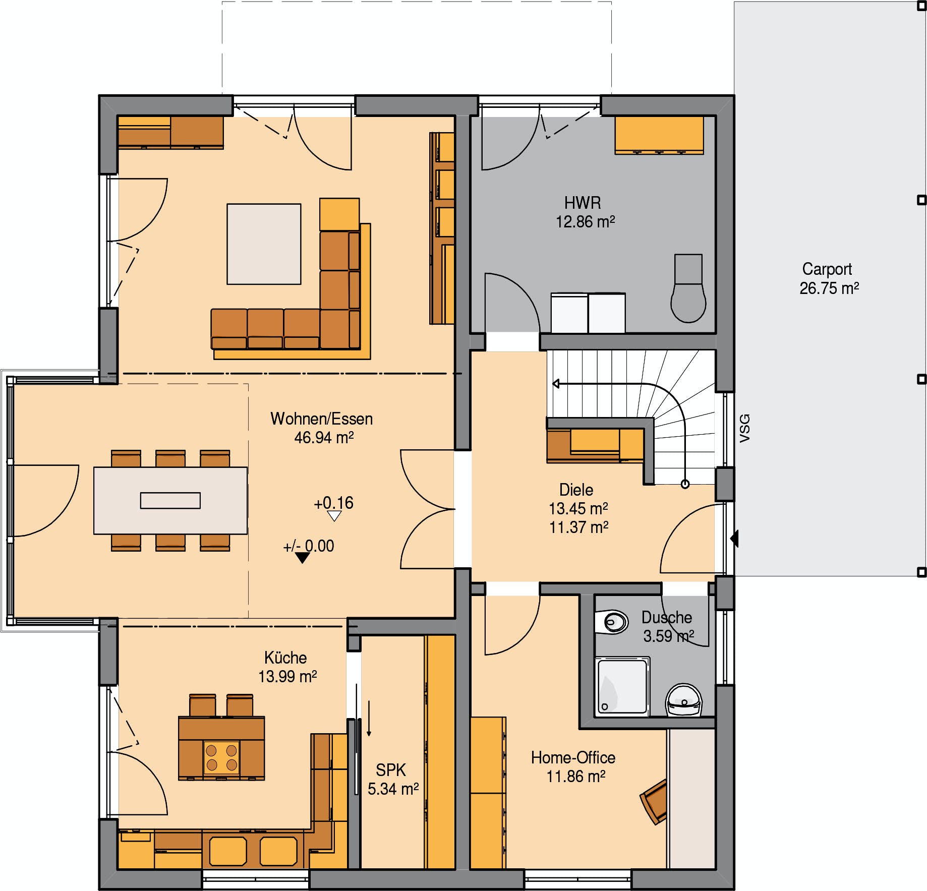 Massivhaus Familienhaus Luce von Kern-Haus Schlüsselfertig ab 659900€, Satteldach-Klassiker Grundriss 1