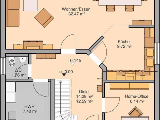 Massivhaus Familienhaus Luna von Kern-Haus Schlüsselfertig ab 313900€, Satteldach-Klassiker Grundriss 1