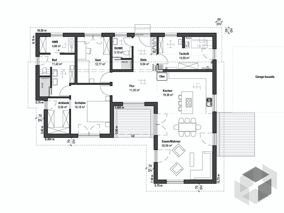 Bungalow Pultdach 145 von LUXHAUS Grundriss