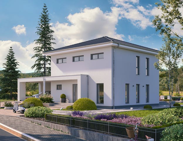 Mit dem Haus-Konfigurator erstellte Ansicht eines Walmdach-Fertighauses von massa haus