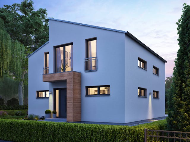 Fertighaus LifeStyle 16.05 P von massa haus Ausbauhaus ab 159999€, Pultdachhaus Außenansicht 2