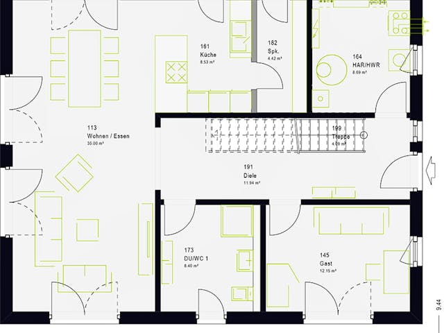 Fertighaus LifeStyle 18.07 S von massa haus Ausbauhaus ab 157999€, Satteldach-Klassiker Grundriss 1