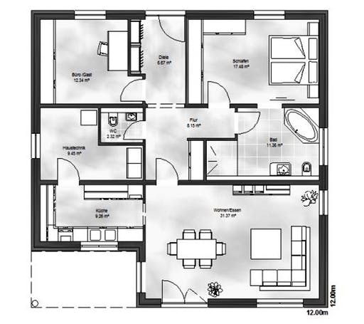 Massivhaus Bungalow 4 von Massive Wohnbau Schlüsselfertig ab 244600€, Bungalow Grundriss 1