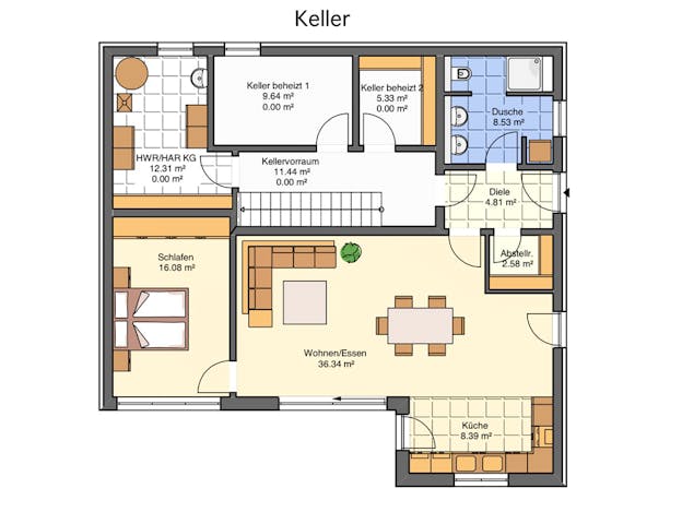 Grundriss Wohnkeller beim Haus in Hanglage mit Garage oben