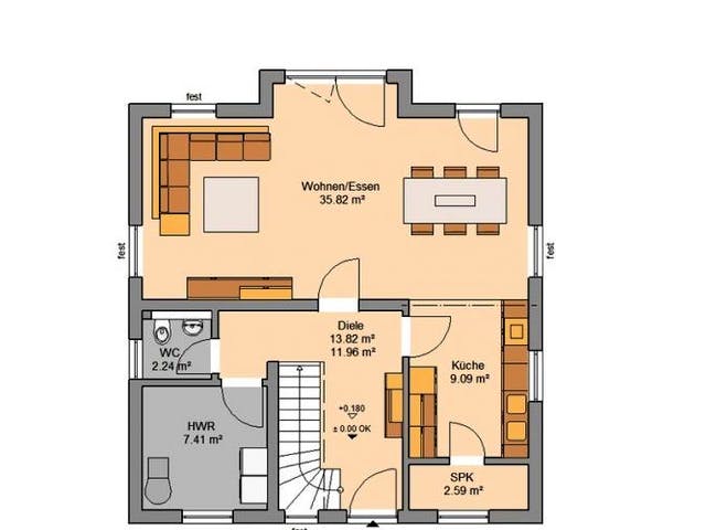 Massivhaus ARCHITEKTENHAUS ESPRIT KLINKER von Kern-Haus Chemnitz Schlüsselfertig ab 322900€, Satteldach-Klassiker Grundriss 2