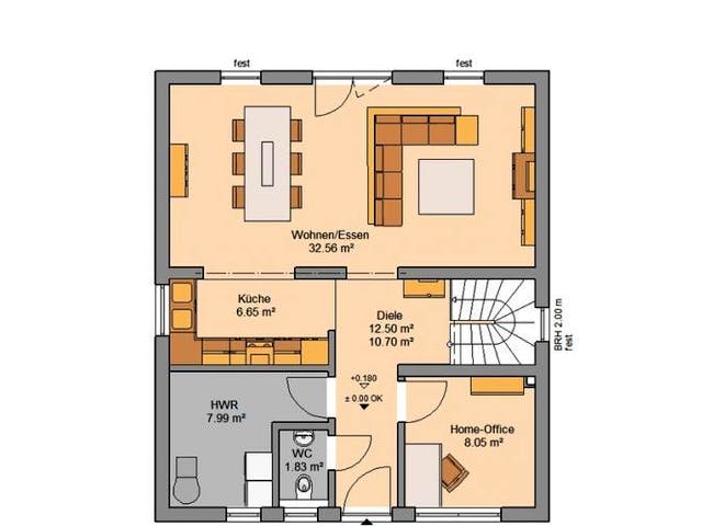 Massivhaus ARCHITEKTENHAUS KOMFORT von Kern-Haus Chemnitz Schlüsselfertig ab 304900€, Satteldach-Klassiker Grundriss 1