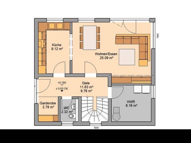 Massivhaus ARCHITEKTENHAUS LOOP CLASSIC von Kern-Haus Chemnitz Schlüsselfertig ab 285900€, Satteldach-Klassiker Grundriss 1