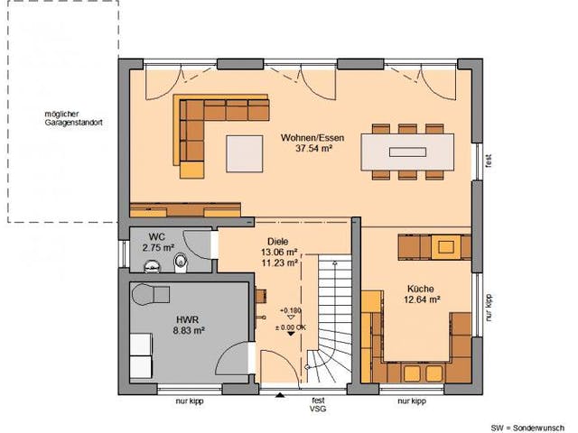 Massivhaus ARCHITEKTENHAUS TREND von Kern-Haus Chemnitz Schlüsselfertig ab 327900€, Satteldach-Klassiker Grundriss 1