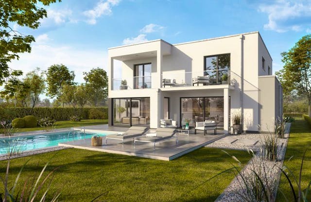 Massive Villa mit Pool im aparten Bauhausstil von Kern-Haus mit lichtdurchfluteter Galerie, großen Fensterfronten, herrlich breitem Balkon & Doppelgarage