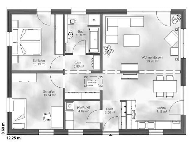 Massivhaus Bungalow 1 von Massive Wohnbau, Bungalow Grundriss 1 Massivhaus Bungalow 1 von Massive Wohnbau, Bungalow Grundriss 1