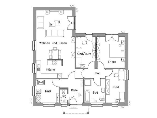 Massivhaus Bungalow BL 115 Variante K von Baudirekt,  Grundriss 1