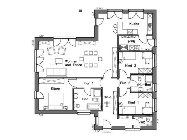 Massivhaus Bungalow BL 135 Variante K von Baudirekt, Bungalow Grundriss 1