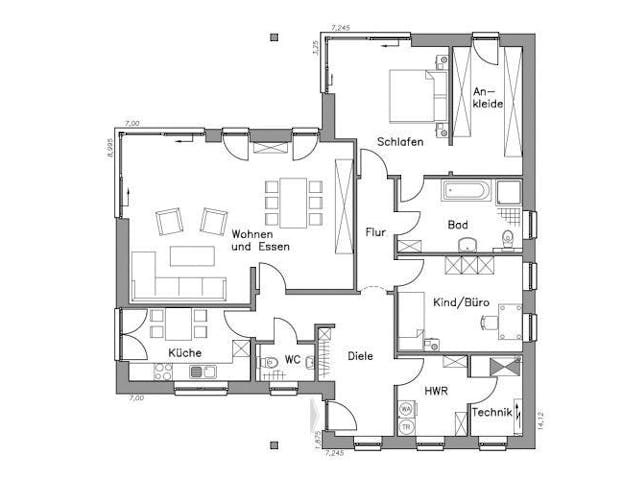 Massivhaus Bungalow BL 135 Variante M von Baudirekt, Bungalow Grundriss 1