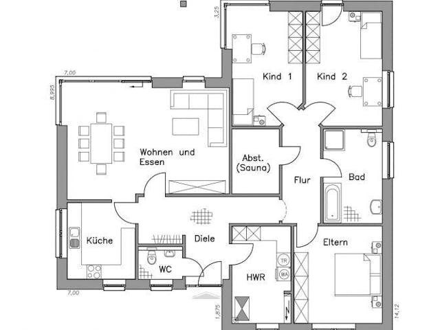 Massivhaus Bungalow BL 135 Variante T von Baudirekt, Grundriss 1 Massivhaus Bungalow BL 135 Variante T von Baudirekt, Grundriss 1