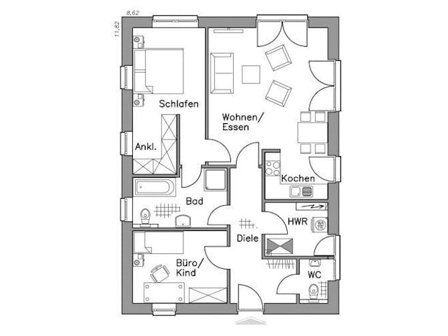 Massivhaus Bungalow BL 80 Variante M von Baudirekt, Bungalow Grundriss 1