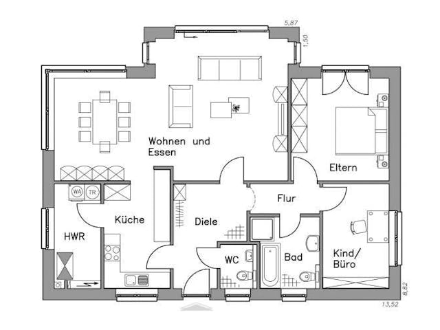 Massivhaus Bungalow BL 95 Variante K von Baudirekt, Bungalow Grundriss 1 Massivhaus Bungalow BL 95 Variante K von Baudirekt, Bungalow Grundriss 1