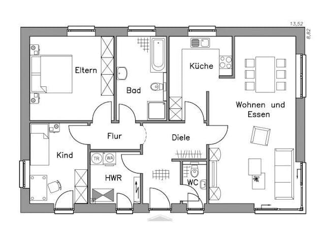 Massivhaus Bungalow BL 95 Variante M von Baudirekt, Bungalow Grundriss 1 Massivhaus Bungalow BL 95 Variante M von Baudirekt, Bungalow Grundriss 1