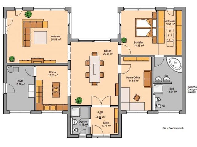 Massivhaus BUNGALOW FOKUS von Kern-Haus Chemnitz Schlüsselfertig ab 442900€, Bungalow Grundriss 1