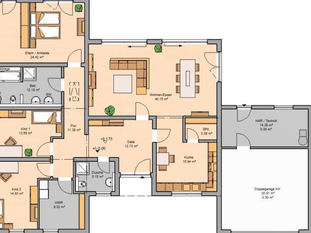 Massivhaus BUNGALOW TRIO von Kern-Haus Chemnitz Schlüsselfertig ab 525900€, Bungalow Grundriss 1