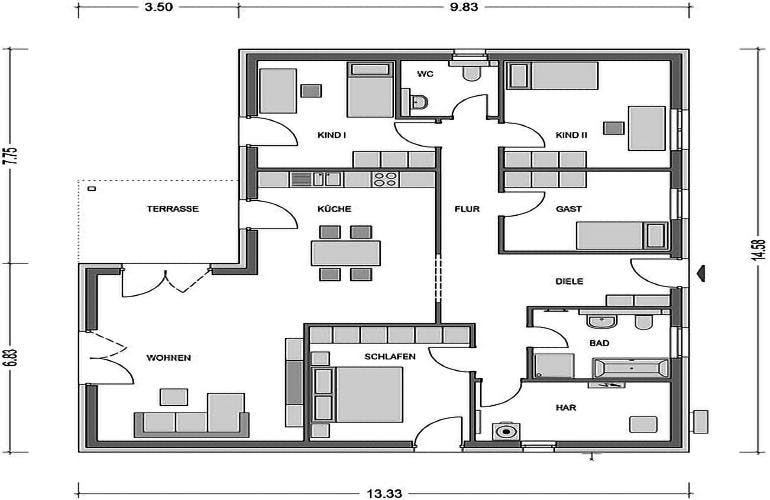 Massivhaus Cumulus 774 (inactive) von Heinz von Heiden, Bungalow Grundriss 1