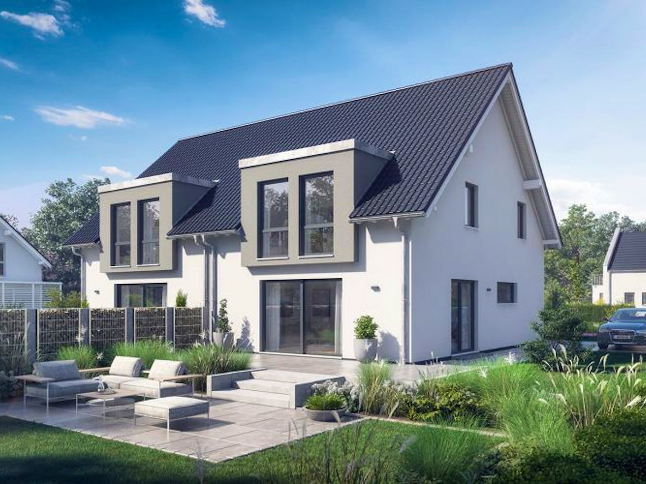 Massivhaus DOPPELHAUS VISEO von Kern-Haus Chemnitz Schlüsselfertig ab 354900€, Satteldach-Klassiker Außenansicht 1