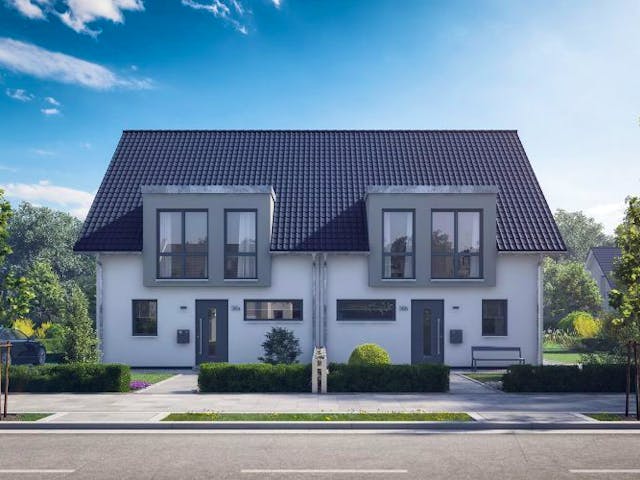 Massivhaus DOPPELHAUS VISEO von Kern-Haus Chemnitz Schlüsselfertig ab 354900€, Satteldach-Klassiker Außenansicht 2