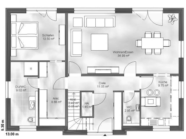 Massivhaus Einfamilienhaus Finn von Massive Wohnbau, Satteldach-Klassiker Grundriss 1