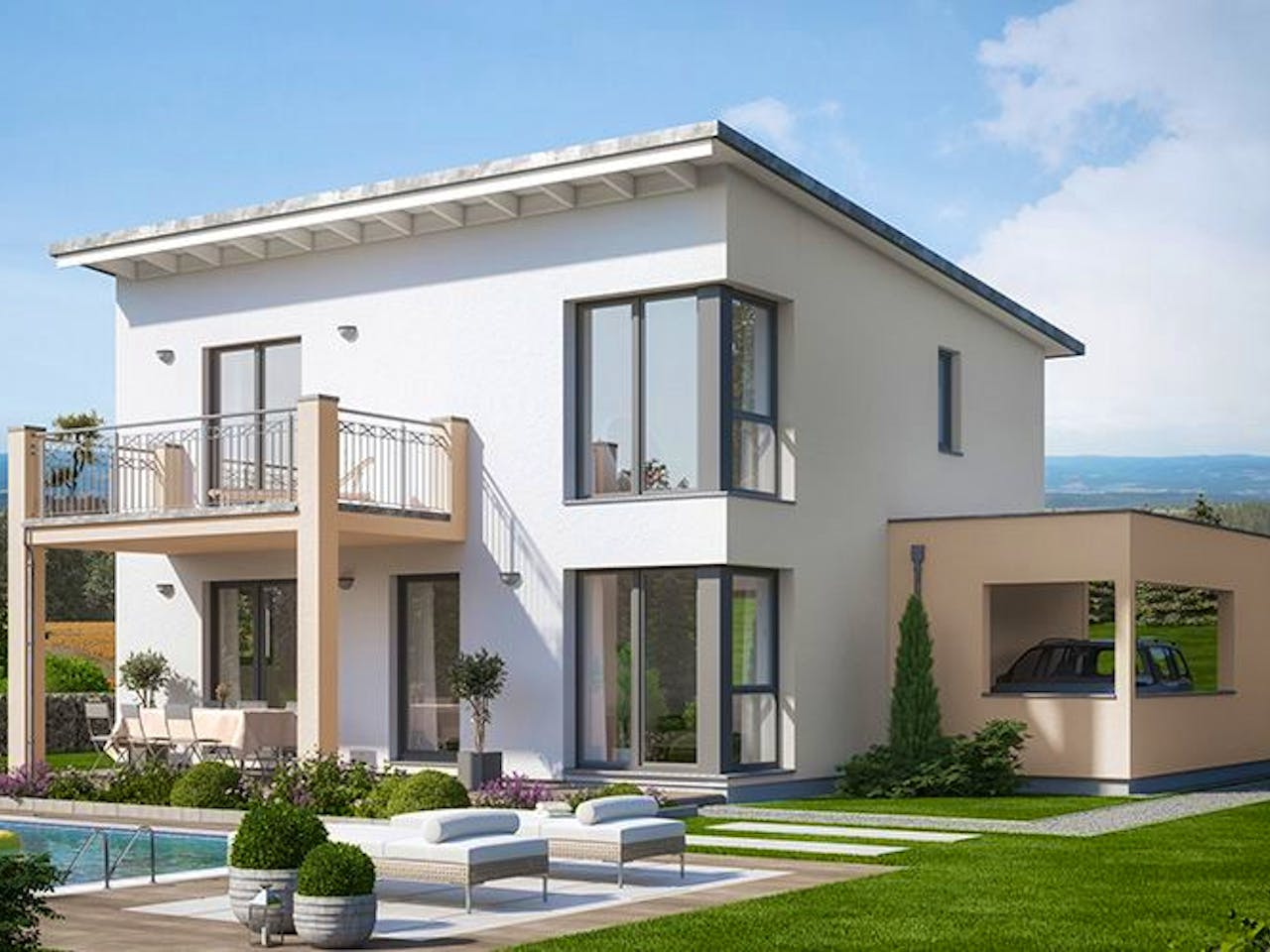 Fertighaus EVOLUTION 136 V5 von Bien-Zenker Schlüsselfertig ab 388728€, Pultdachhaus Außenansicht 1