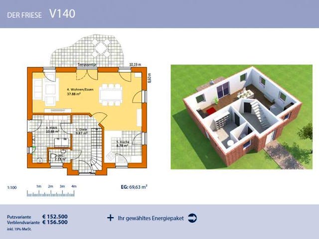 Massivhaus Friesenhaus V140 von Virtus Massivhaus Schlüsselfertig ab 152500€,  Grundriss 2