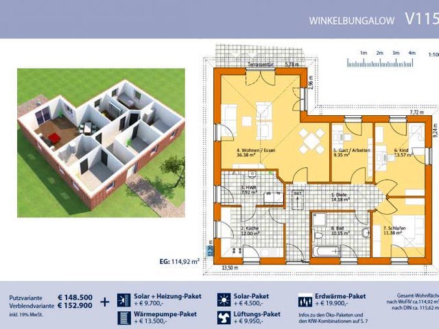 Massivhaus Winkelbungalow V115 von Virtus Massivhaus, Bungalow Grundriss 1