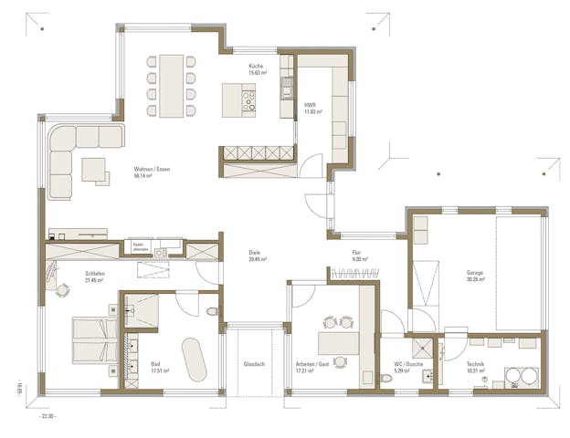 Grundriss Winkelbungalow mit Garage VITA von Fertighaus WEISS