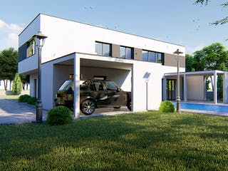 Massivhaus Designer Haus mit Außenlounge von Modern Immo, Cubushaus Außenansicht 1