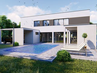 Massivhaus Designer Haus mit Außenlounge von Modern Immo, Cubushaus Außenansicht 2
