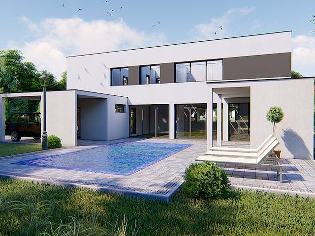 Massivhaus Designer Haus mit Außenlounge von Modern Immo, Cubushaus Außenansicht 2