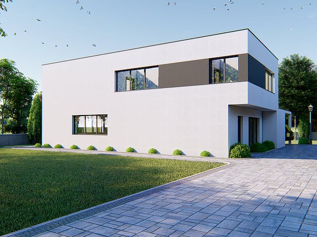Massivhaus Designer Haus mit Außenlounge von Modern Immo, Cubushaus Außenansicht 3